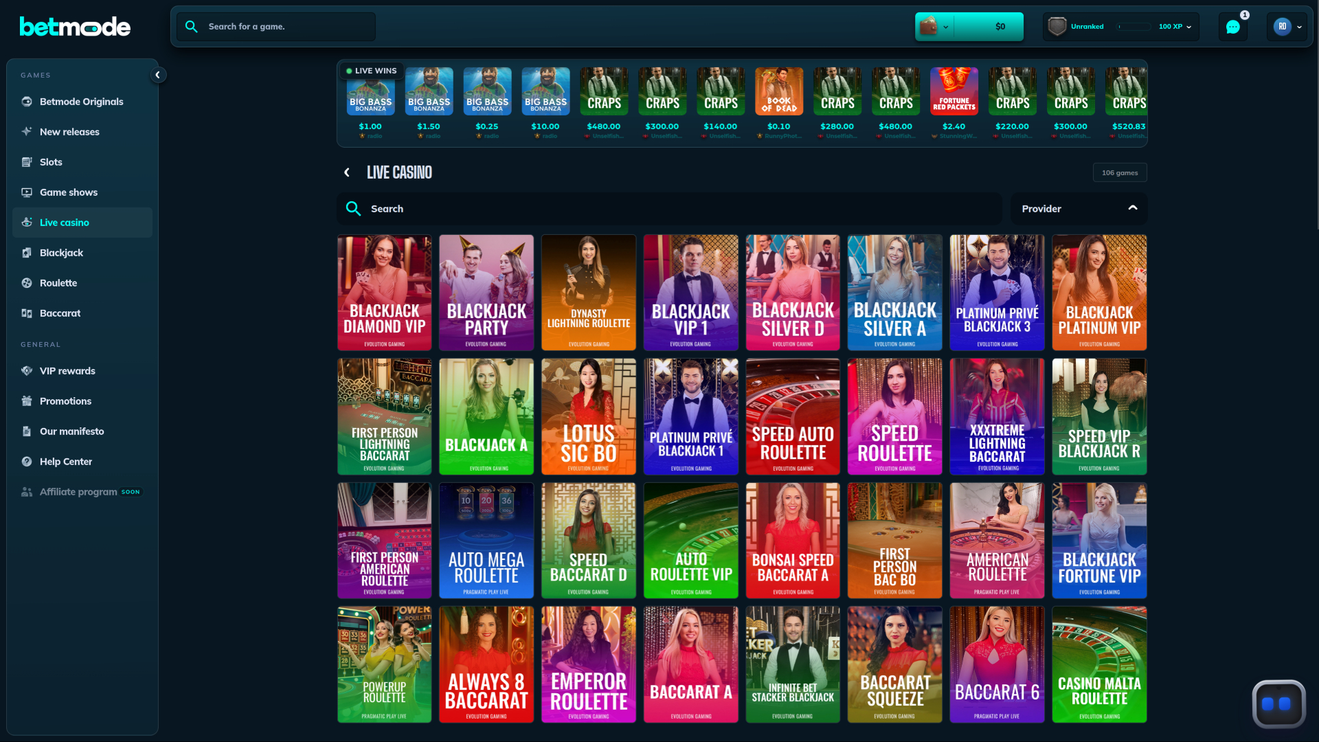 BetMode Casino Desktop Live Dealer