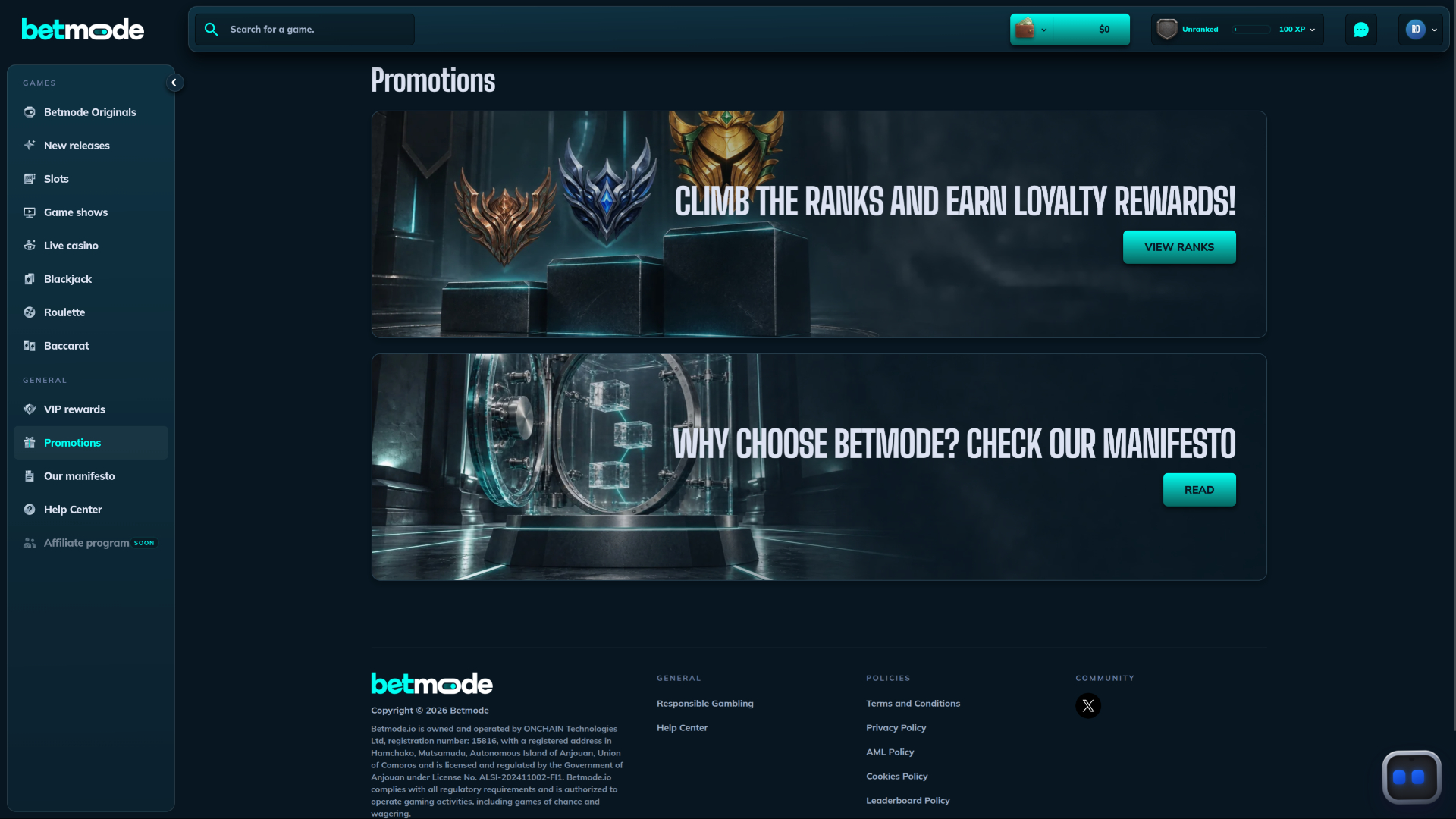 Promozioni desktop di BetMode Casino