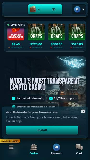 Pagina iniziale mobile di BetMode Casino