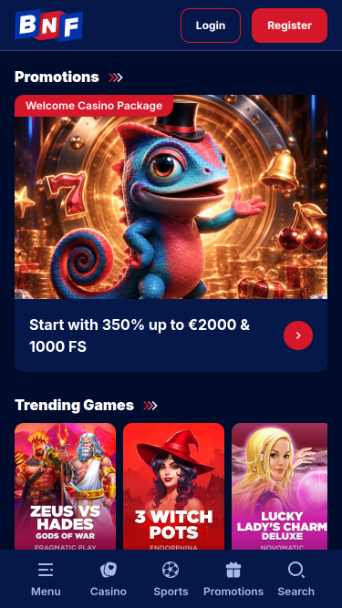 Page d'accueil mobile de BetNFlix
