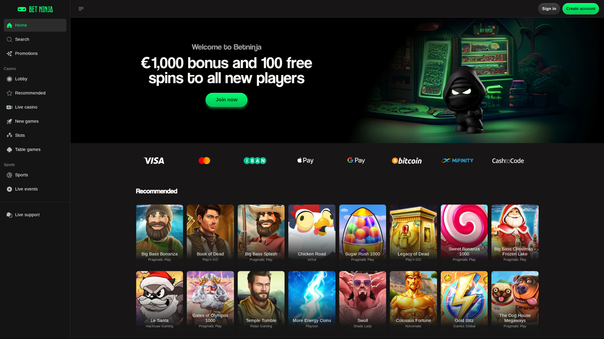 Домашняя страница казино Betninja для рабочего стола
