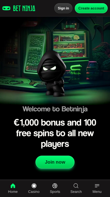 Мобильная домашняя страница казино Betninja
