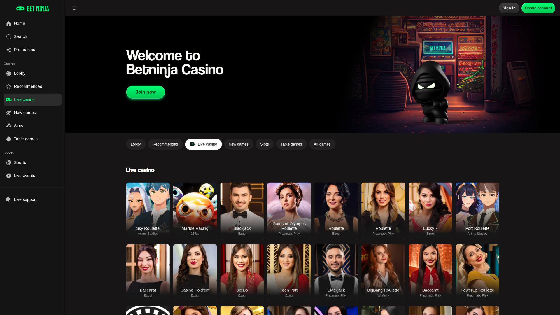 Казино Betninja Desktop с живым дилером