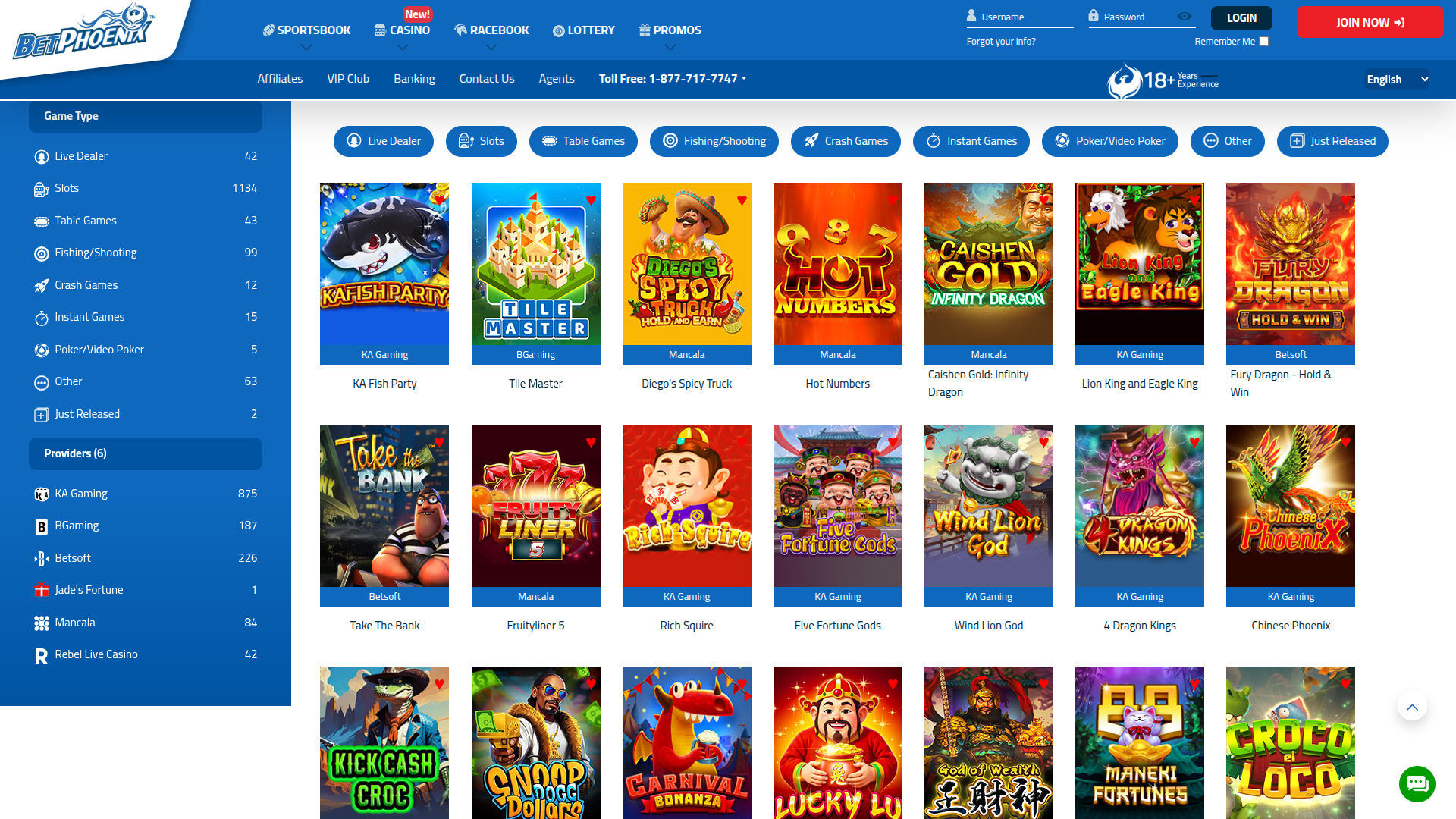 Juegos de escritorio de BetPhoenix Casino