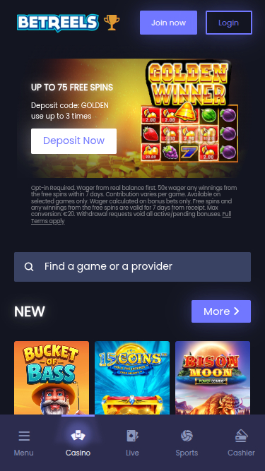 Page d'accueil mobile de Betreels