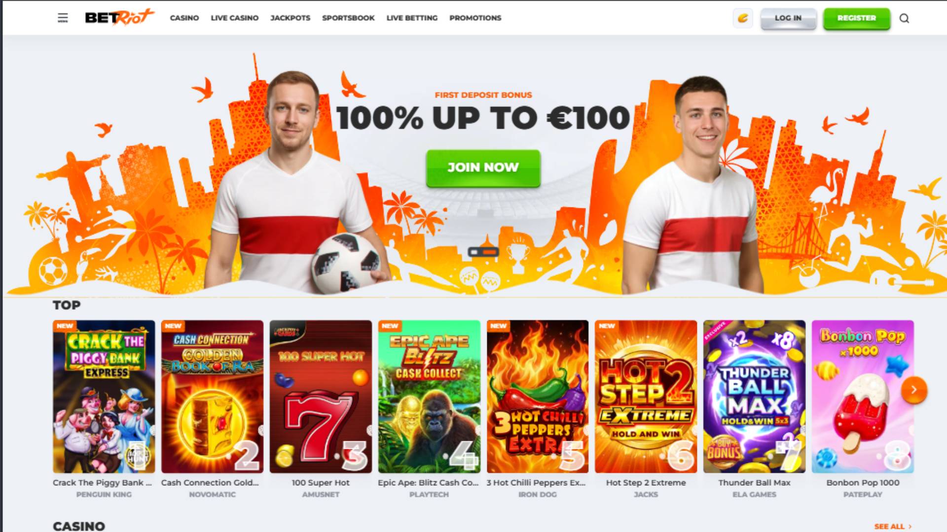 Homepage screenshot of BetRiot Casino