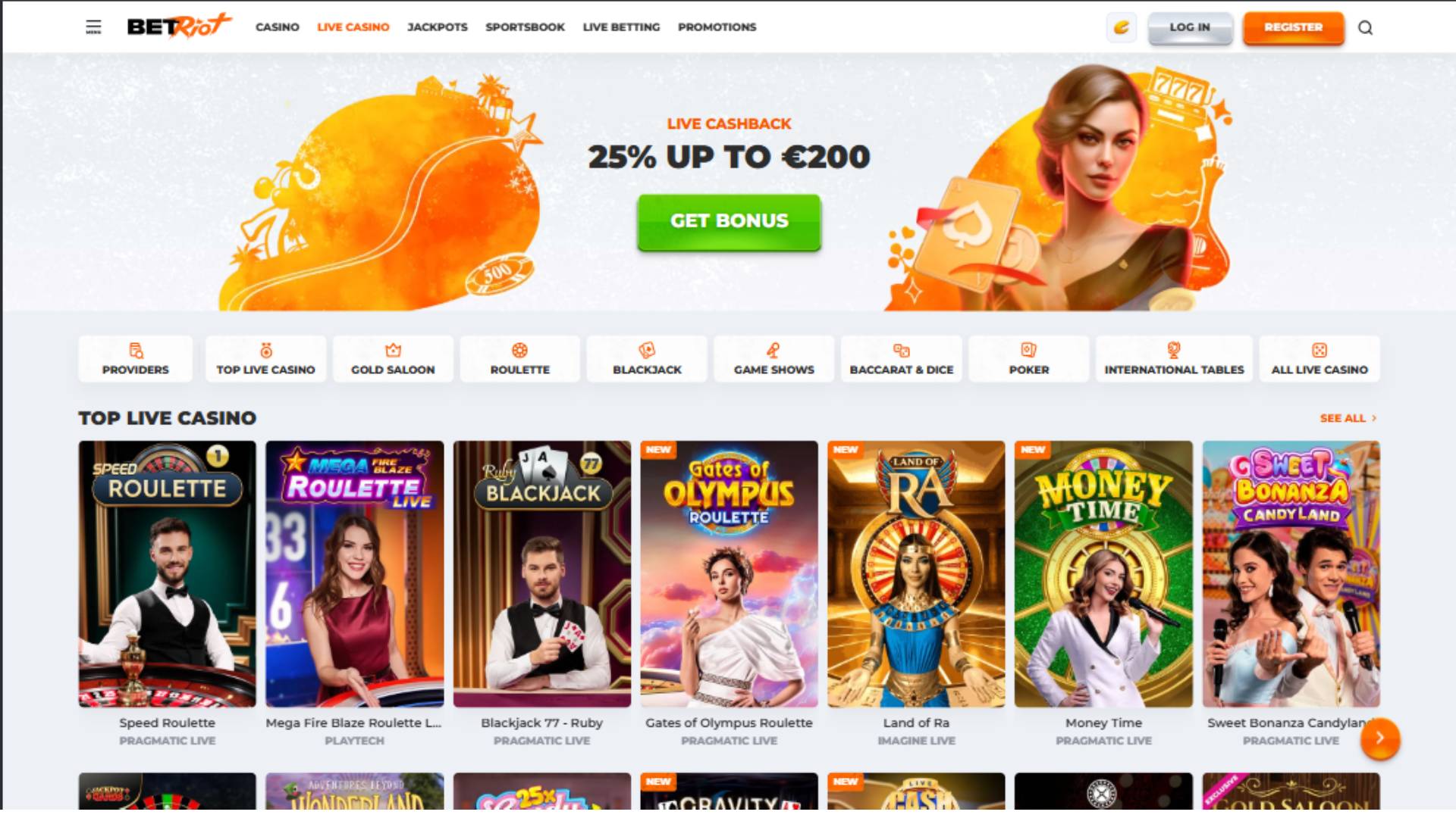 Live page screenshot of BetRiot Casino