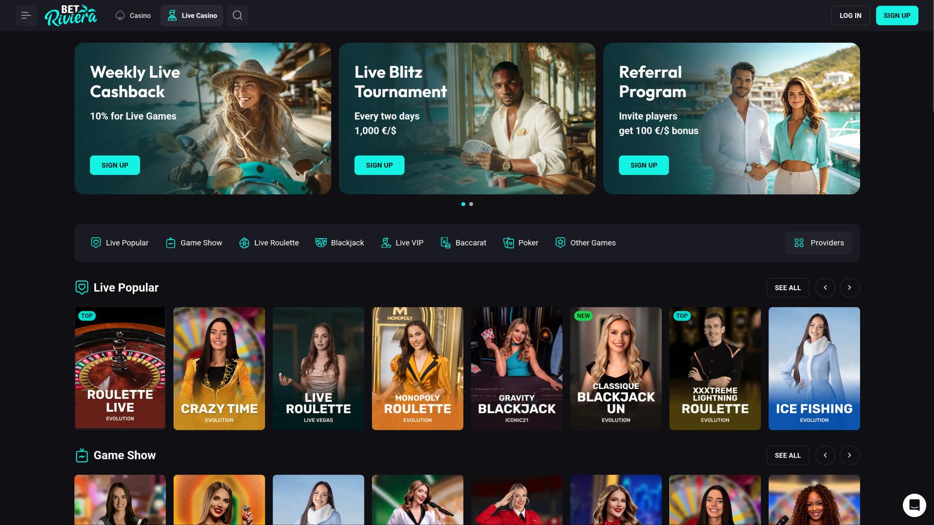 Page de croupiers en direct du casino BetRiviera