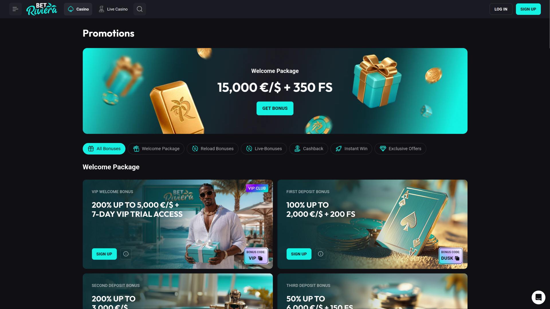 page des promotions du casino BetRiviera