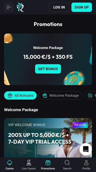 Page mobile des promotions du casino BetRiviera