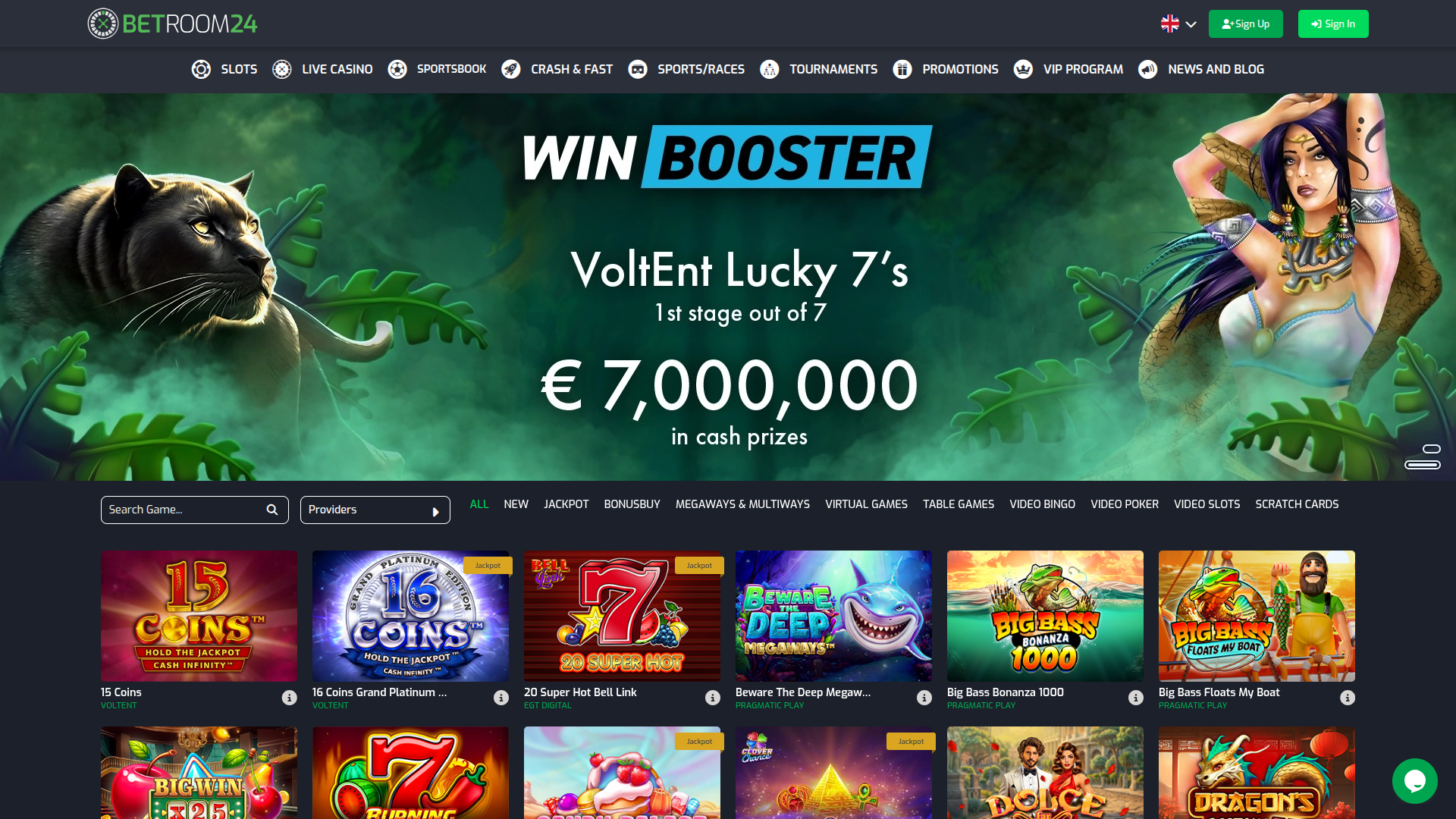 Page d'accueil sur ordinateur de Betroom24 Casino