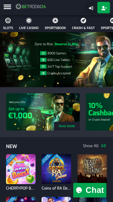 Page d'accueil mobile de Betroom24 Casino