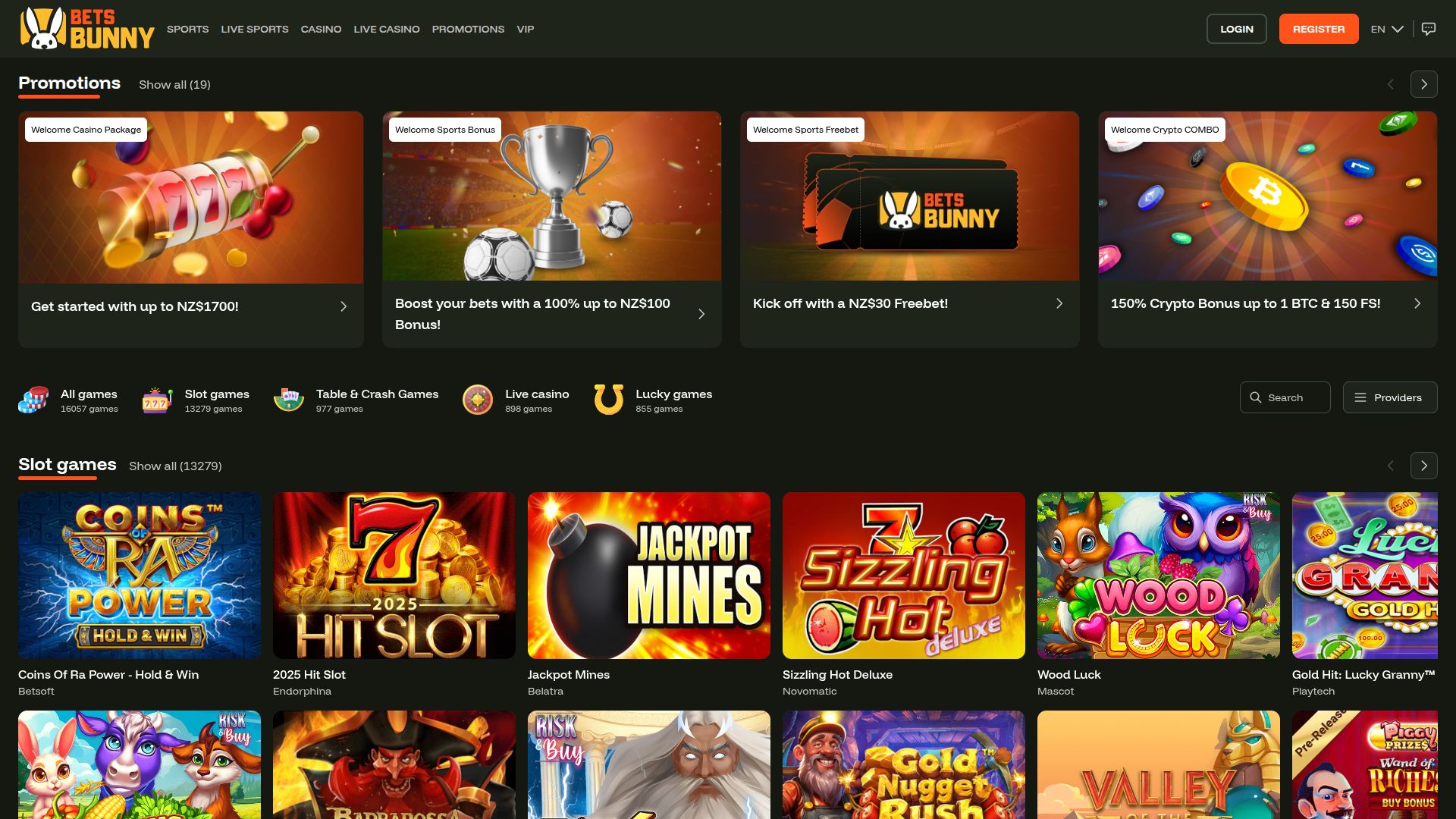 Page d'accueil sur ordinateur de Bets Bunny Casino