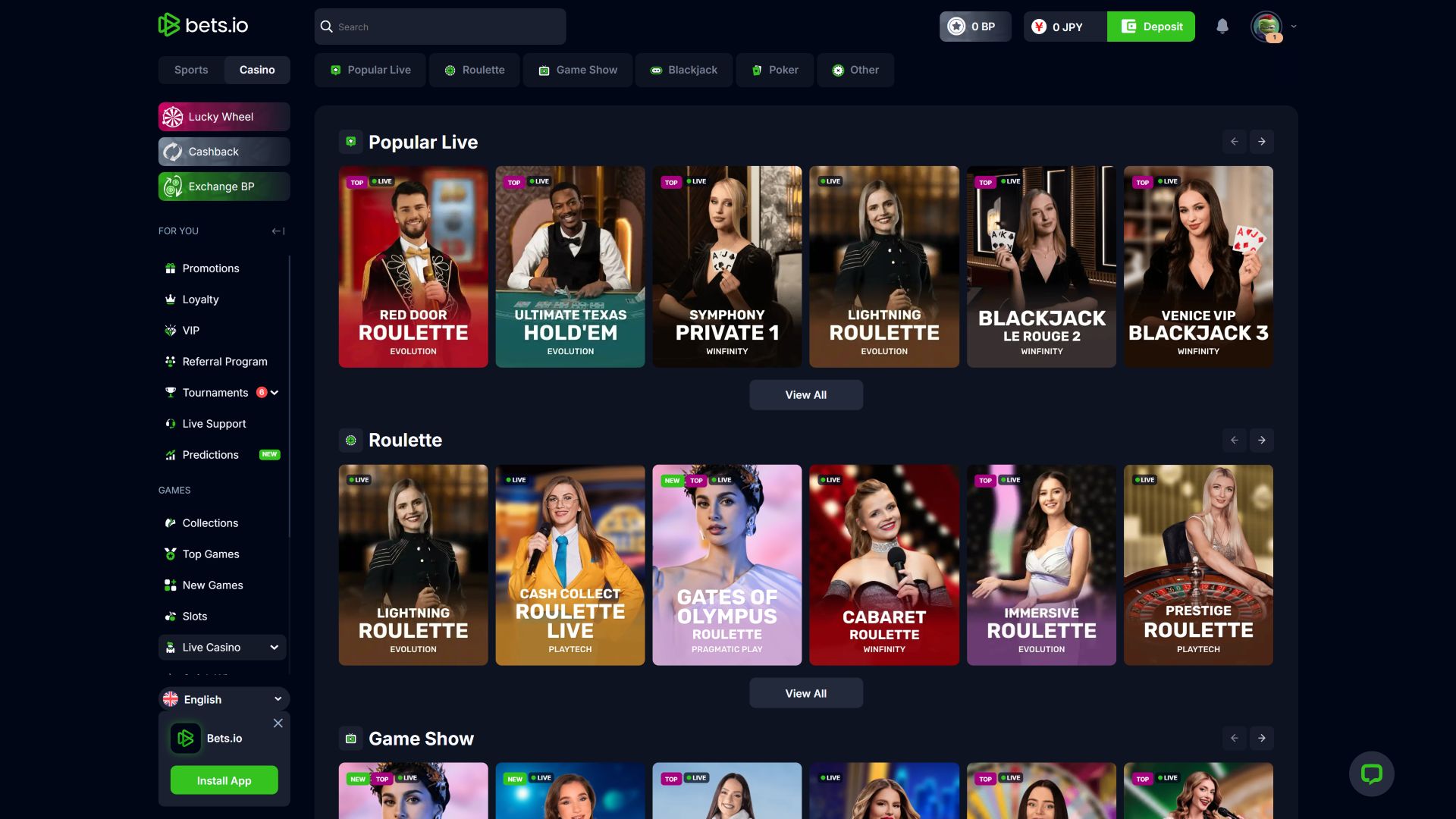 Casinò Bets.io per desktop con croupier dal vivo