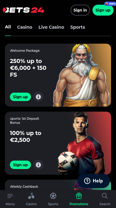 Promotions mobiles de Bets24 Casino