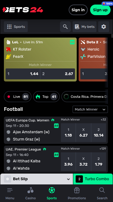 Sports mobiles de Bets24 Casino