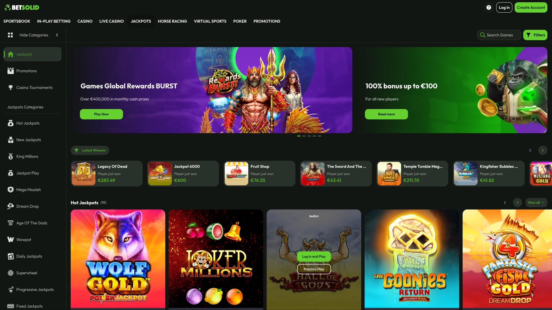 Pagina dei jackpot del casinò BetSolid