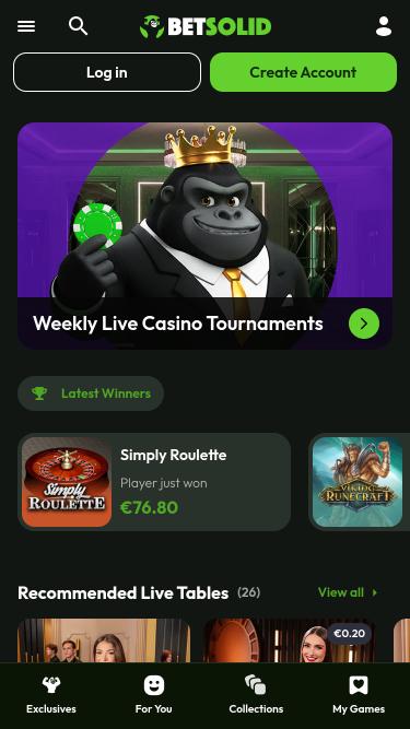 Pagina mobile di BetSolid Casino con croupier dal vivo