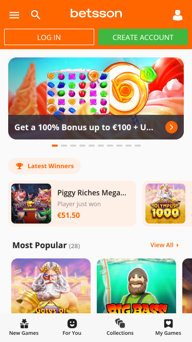 Page d'accueil mobile de Betsson Casino