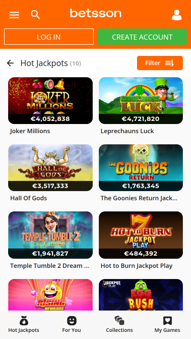 Jackpot mobile de Betsson Casino