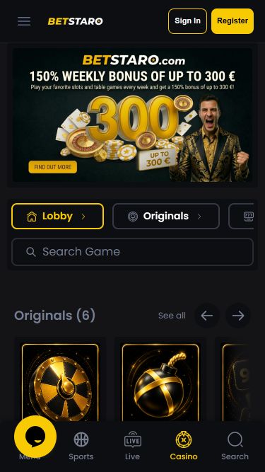 BetStaro Casino Mobile Homepage