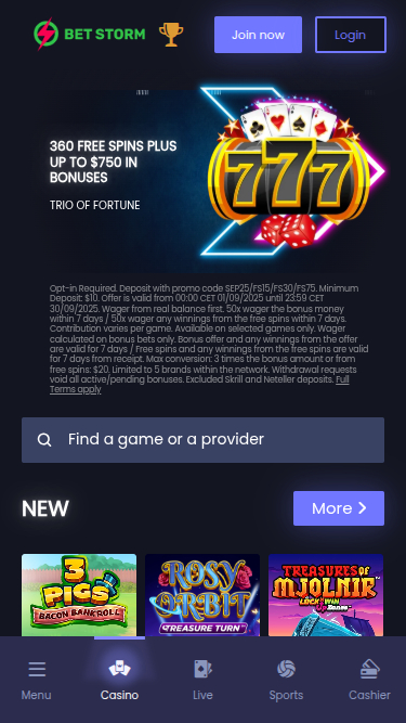 Página principal móvil de BetStorm Casino