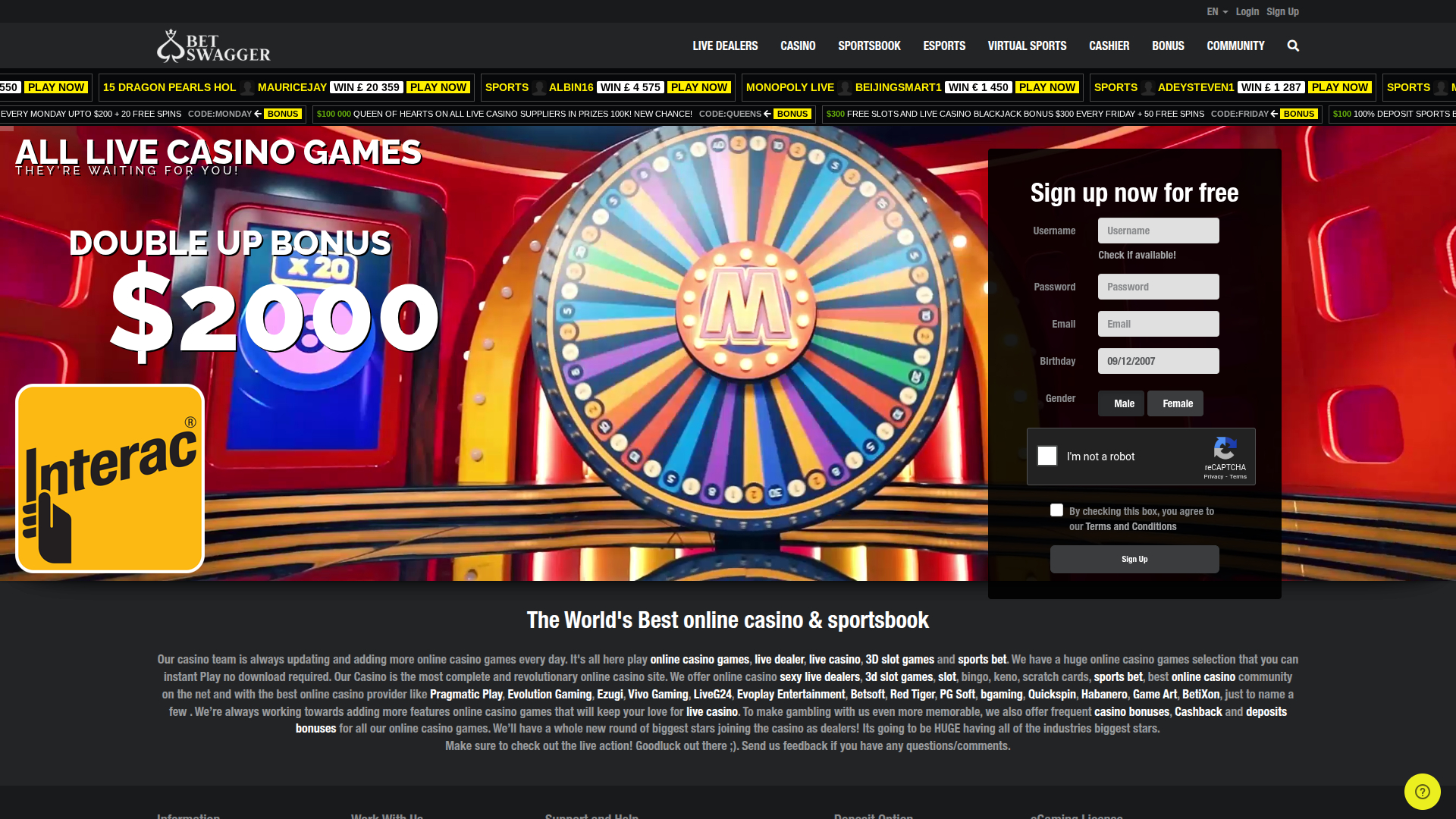 Homepage desktop di BetSwagger Casino