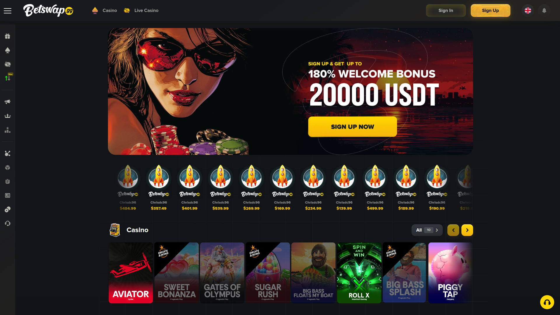 Page d'accueil sur ordinateur de Betswap.gg Casino