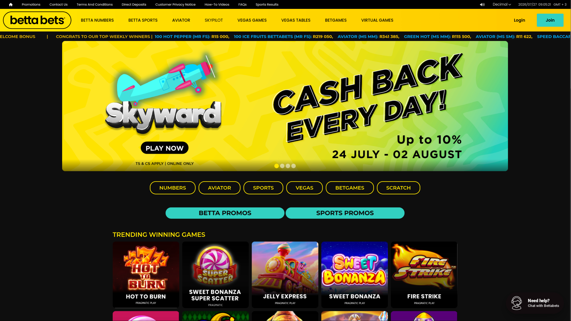 Page d'accueil du casino Bettabets pour ordinateur