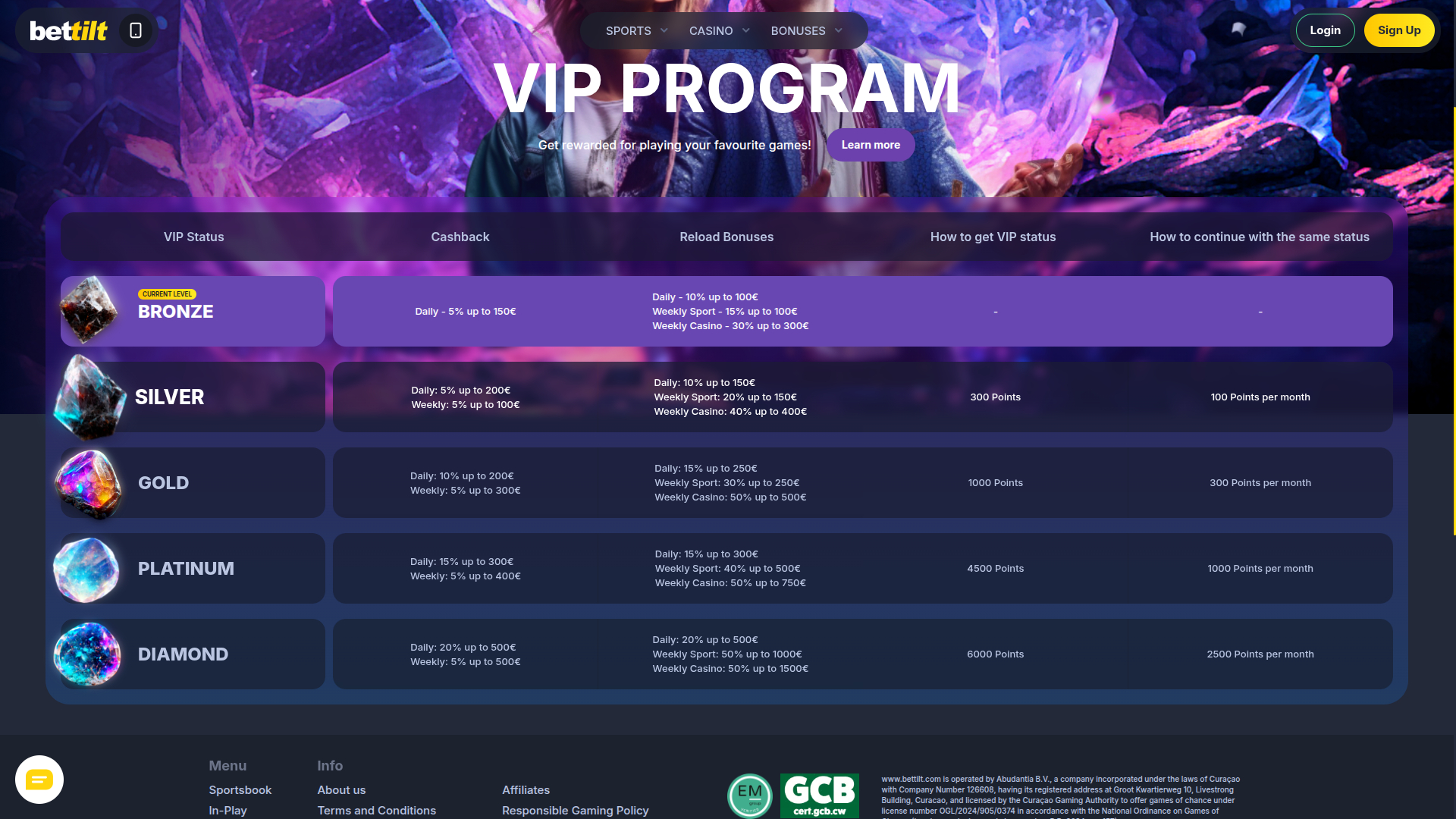 Programa VIP para desktop do Bettilt Casino