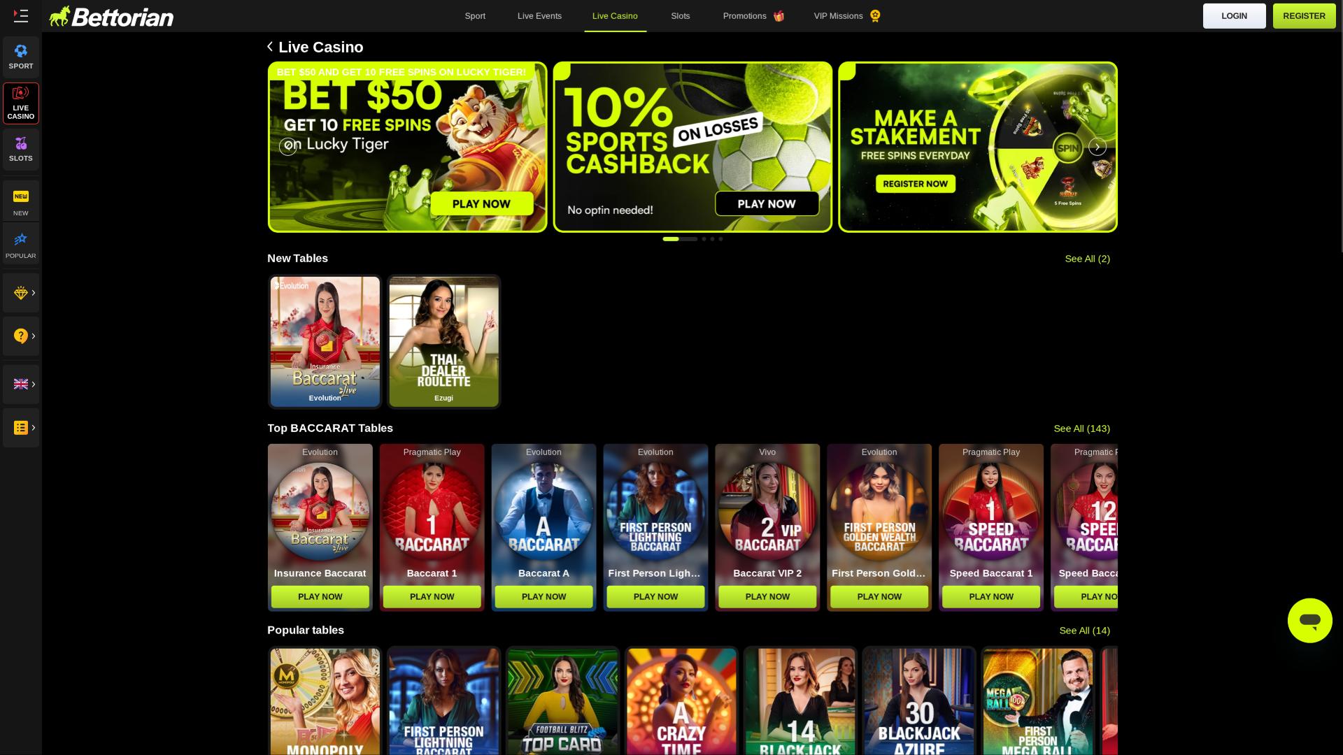 Bettorian Casino Live-Dealer-Seite