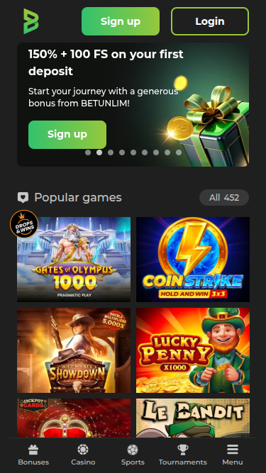 Página de inicio móvil de Betunlim Casino