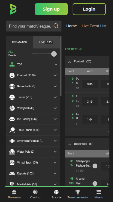 Deportes móviles de Betunlim Casino