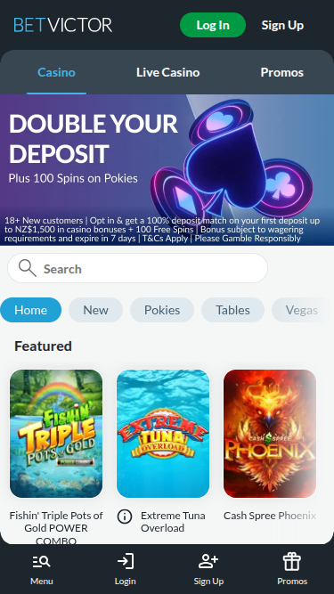 Page d'accueil mobile de BetVictor Casino