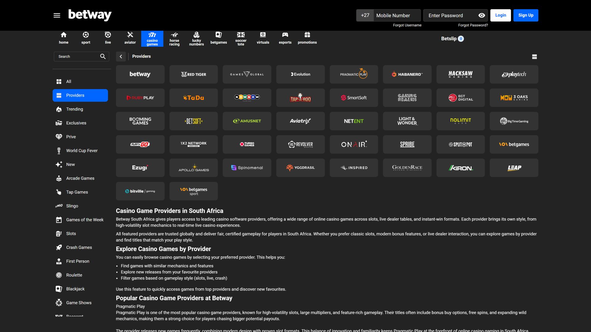 Betway Casino Desktop Game Developers