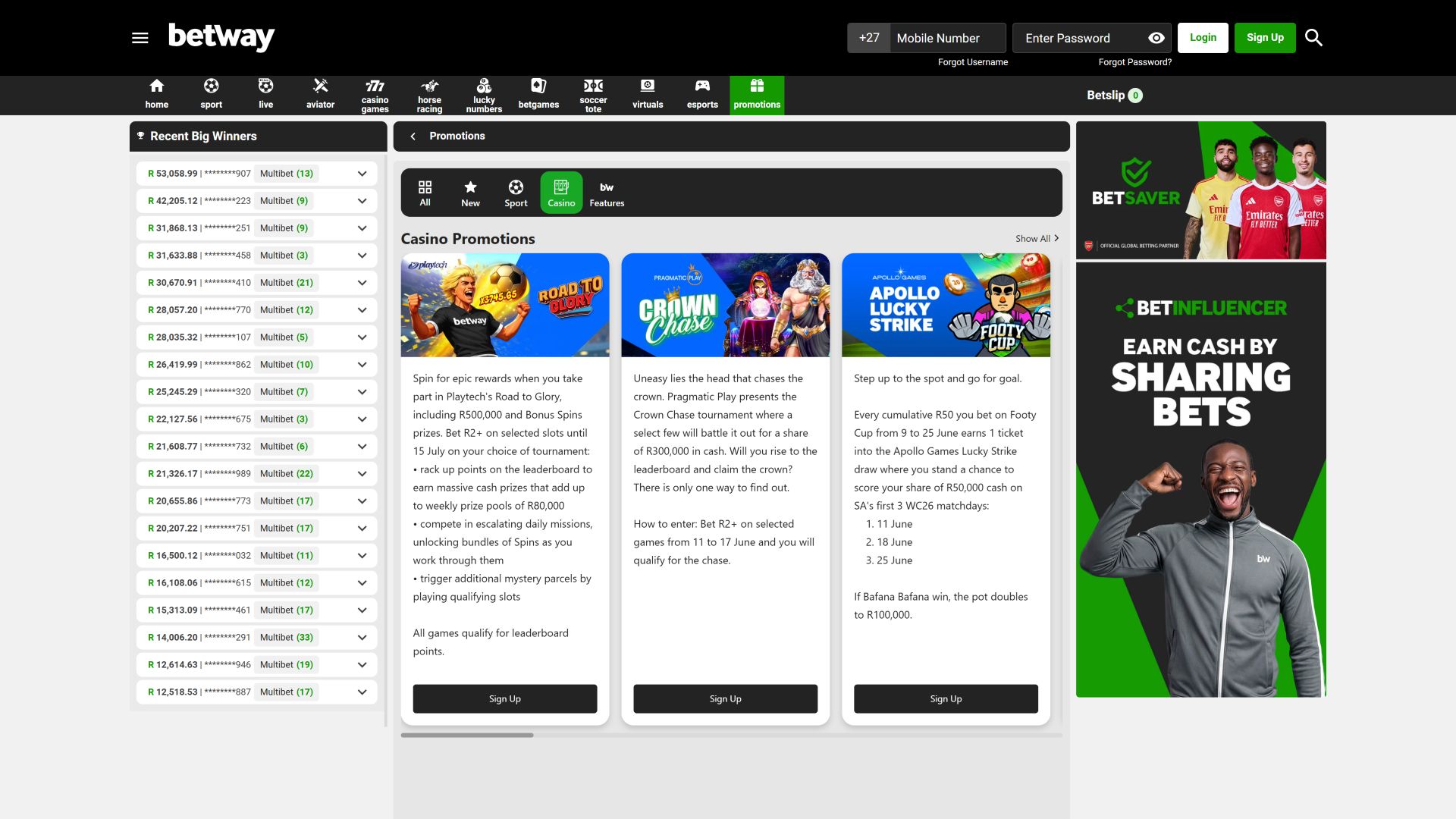 Betway Casino Desktop Promotions 