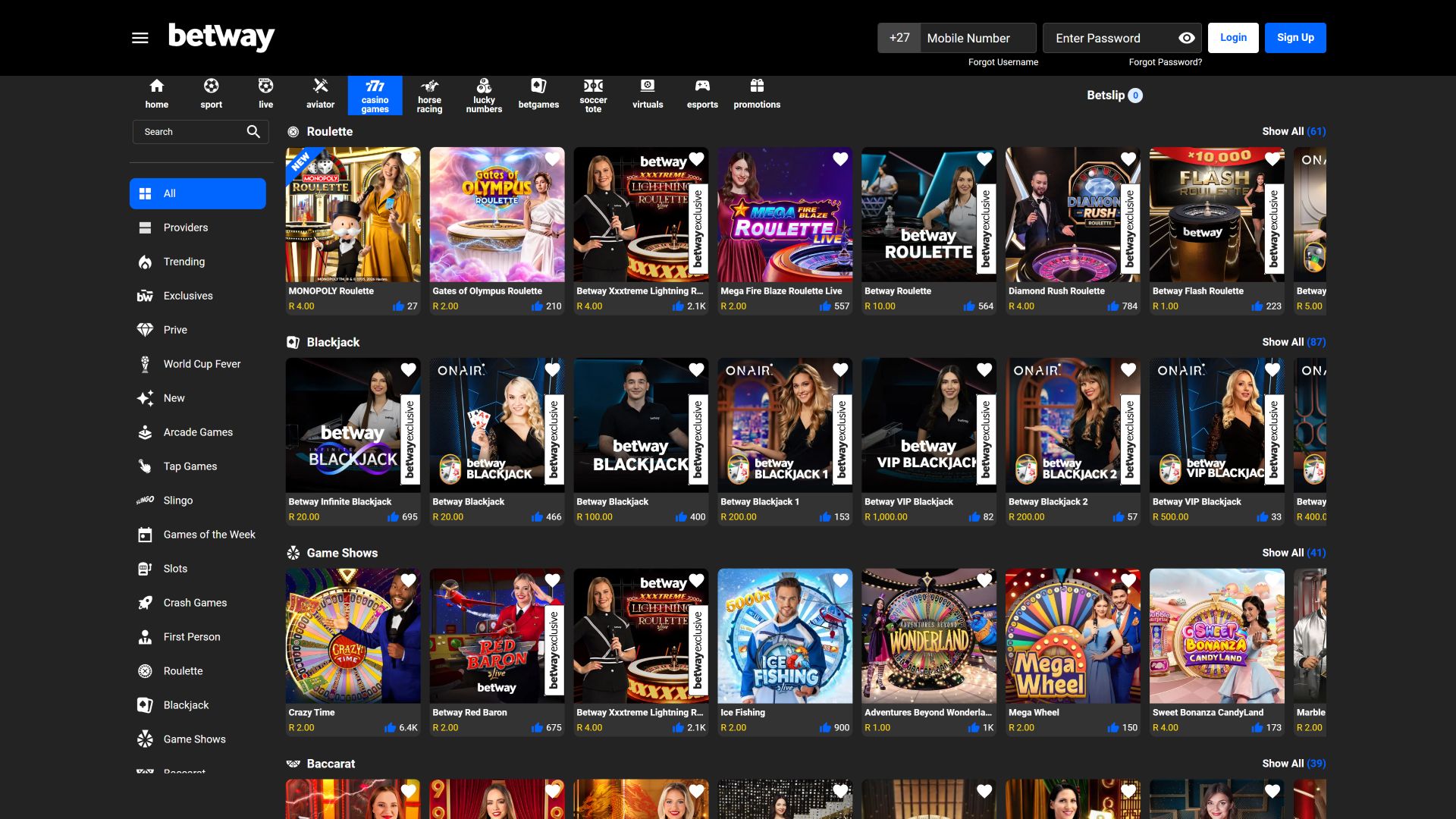 Betway Casino Desktop Live Dealer