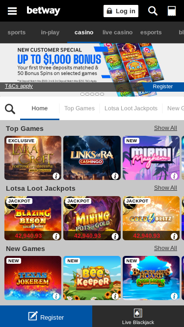 Page d'accueil mobile de Betway Casino