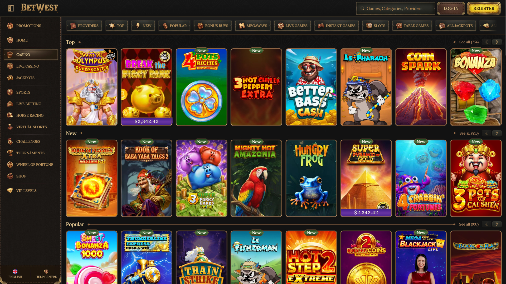 Jeux de casino Betwest sur ordinateur