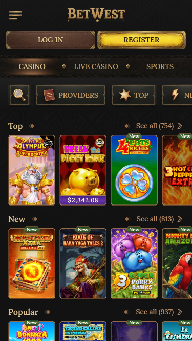 Jeux mobiles du casino Betwest