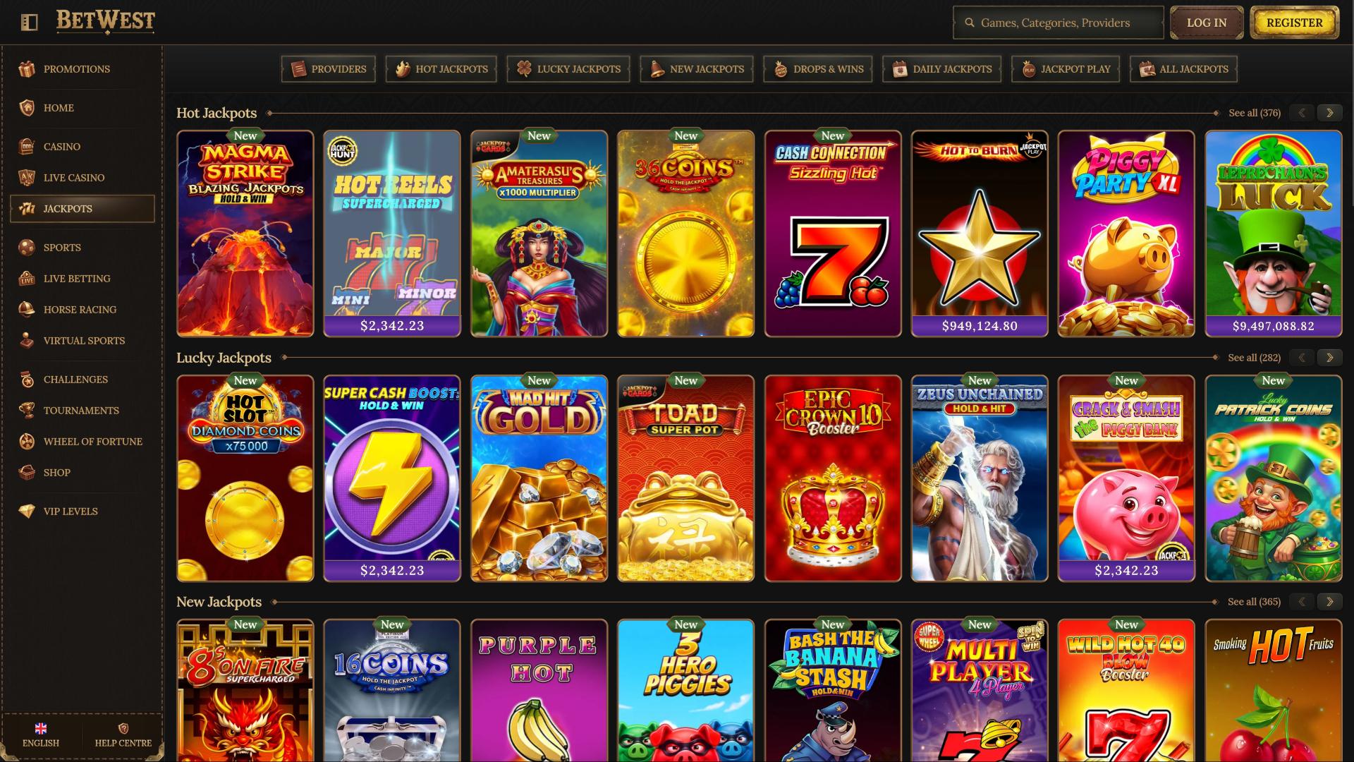 Jackpot de bureau du casino Betwest