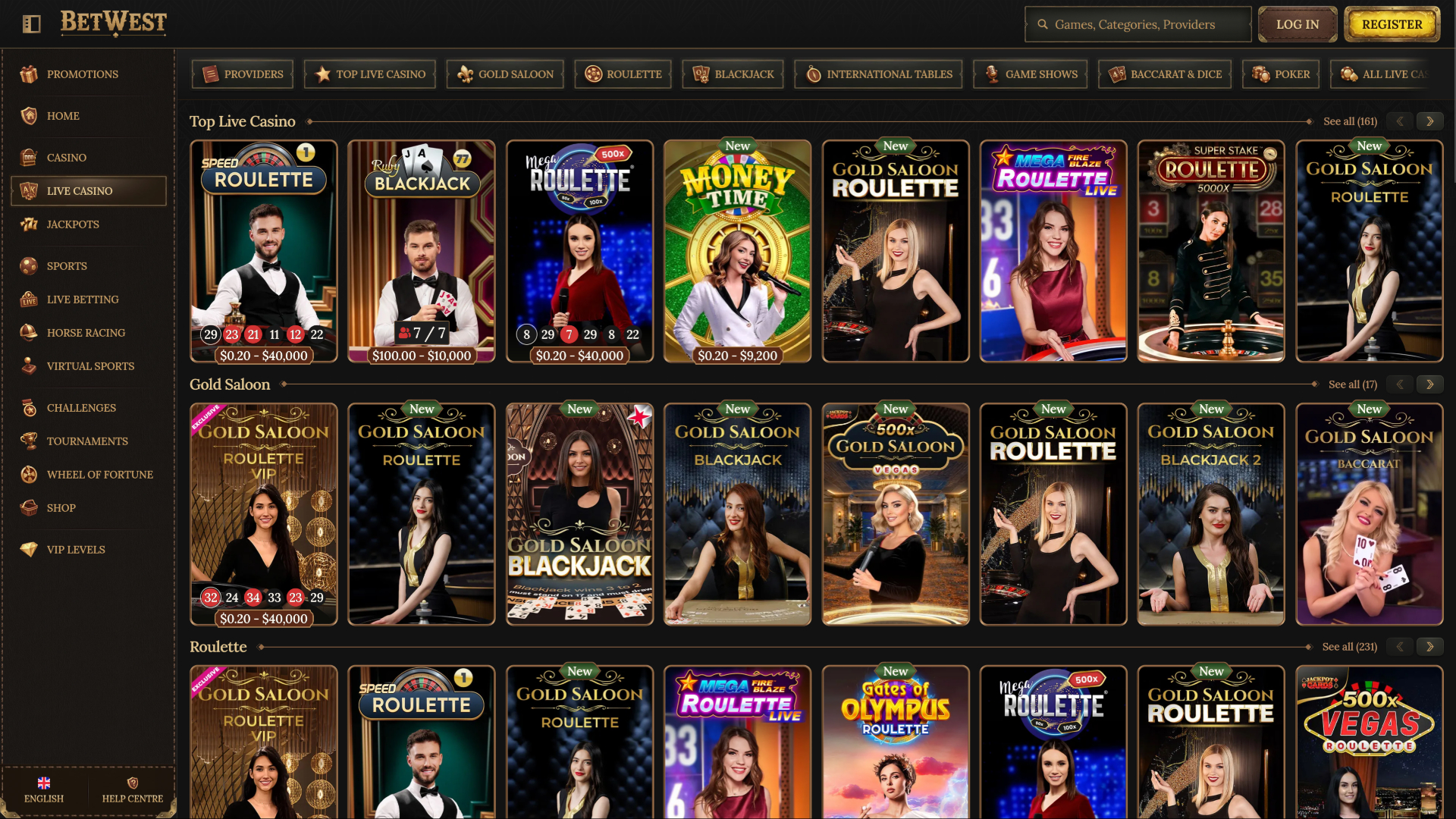 Casino Betwest pour ordinateur avec croupier en direct