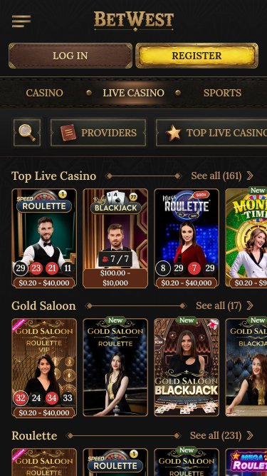 Casino mobile Betwest avec croupier en direct