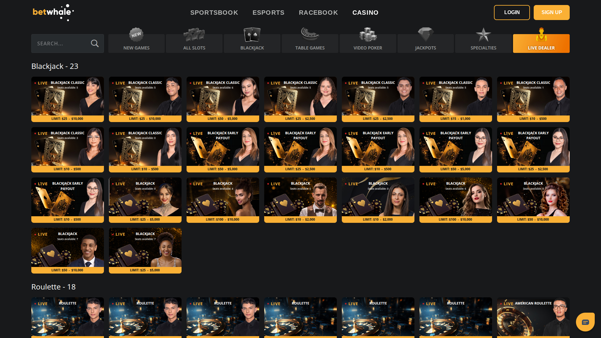 Betwhale Casino Desktop Live Dealer