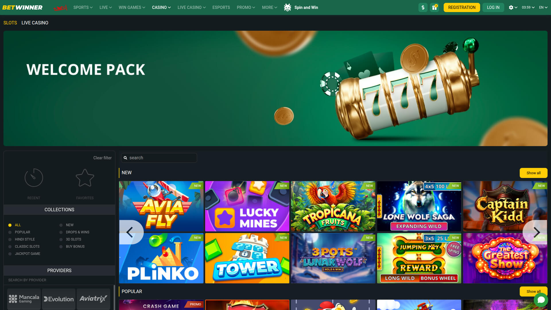 BetWinner Casino Desktop Homepage
