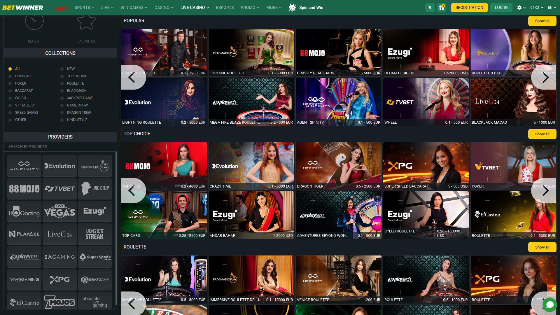 BetWinner Casino Desktop Live Dealer