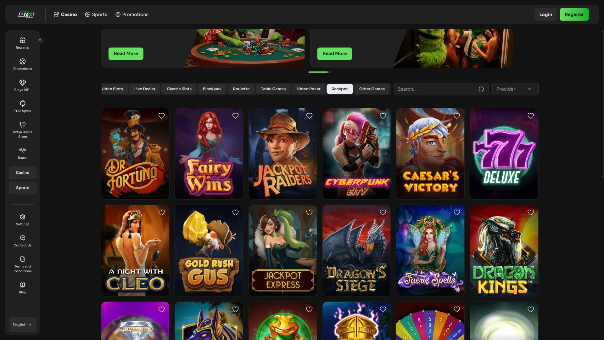 page du jackpot du casino Betya