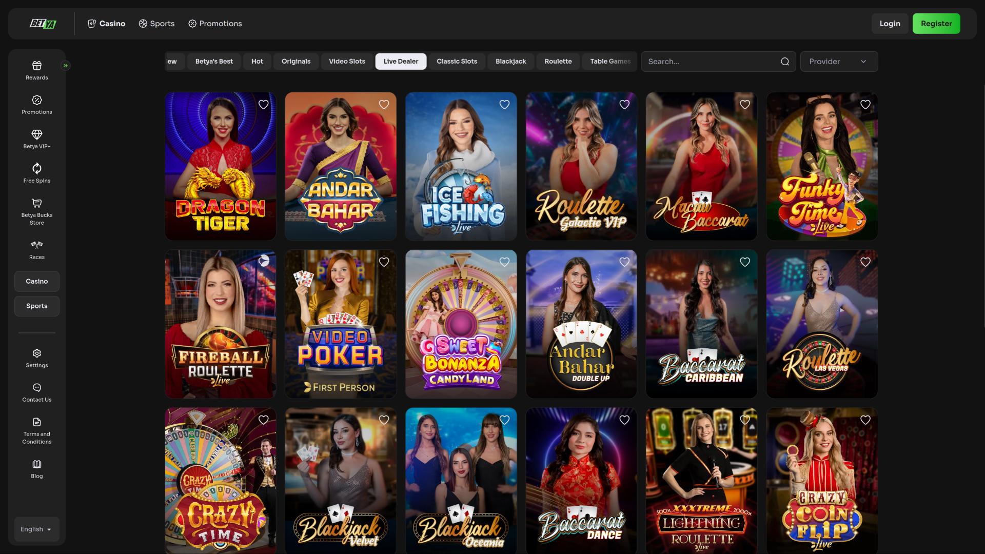 Page de croupier en direct du casino Betya