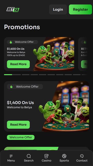 Page mobile des promotions du casino Betya