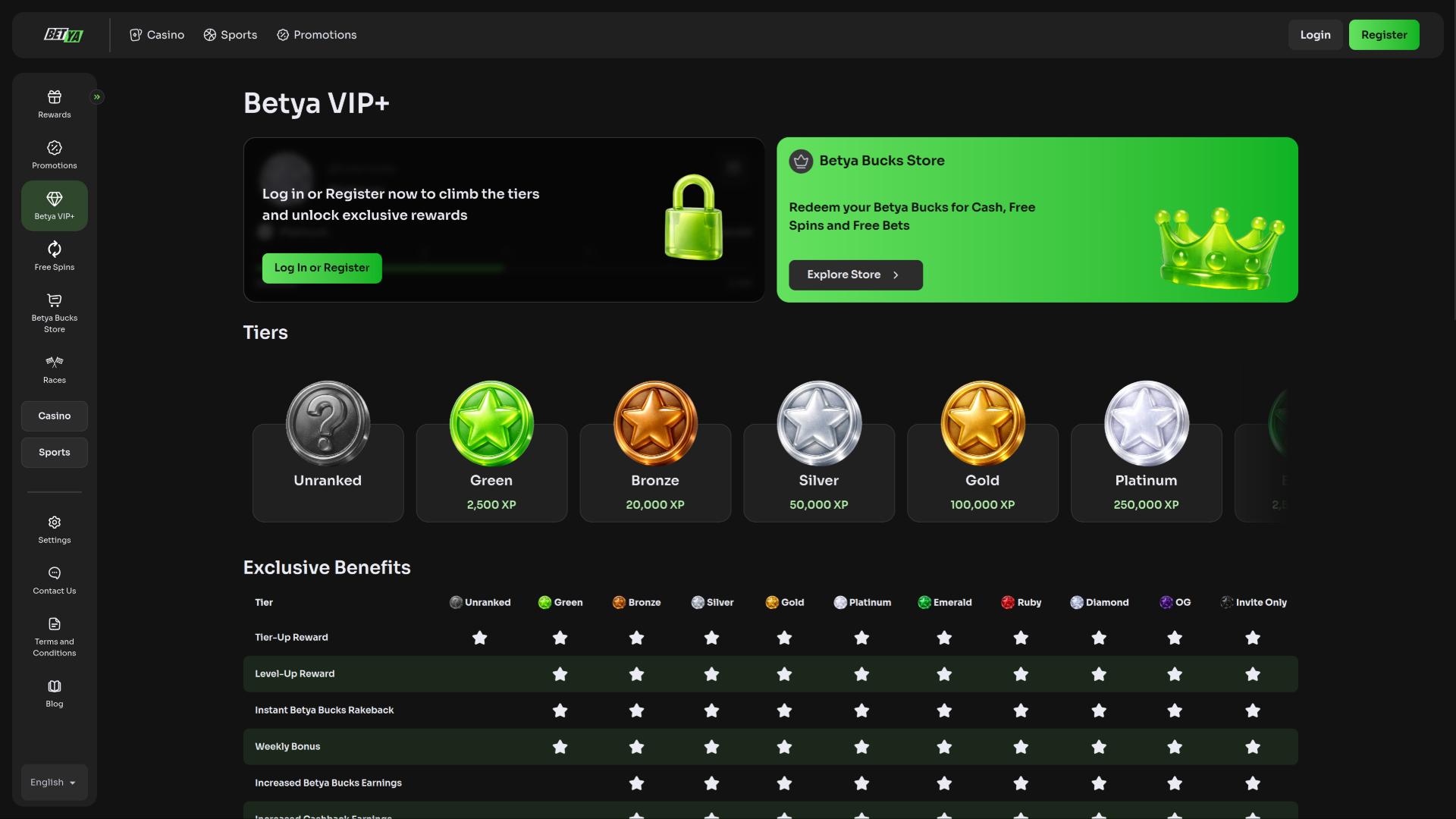 Page VIP du casino Betya